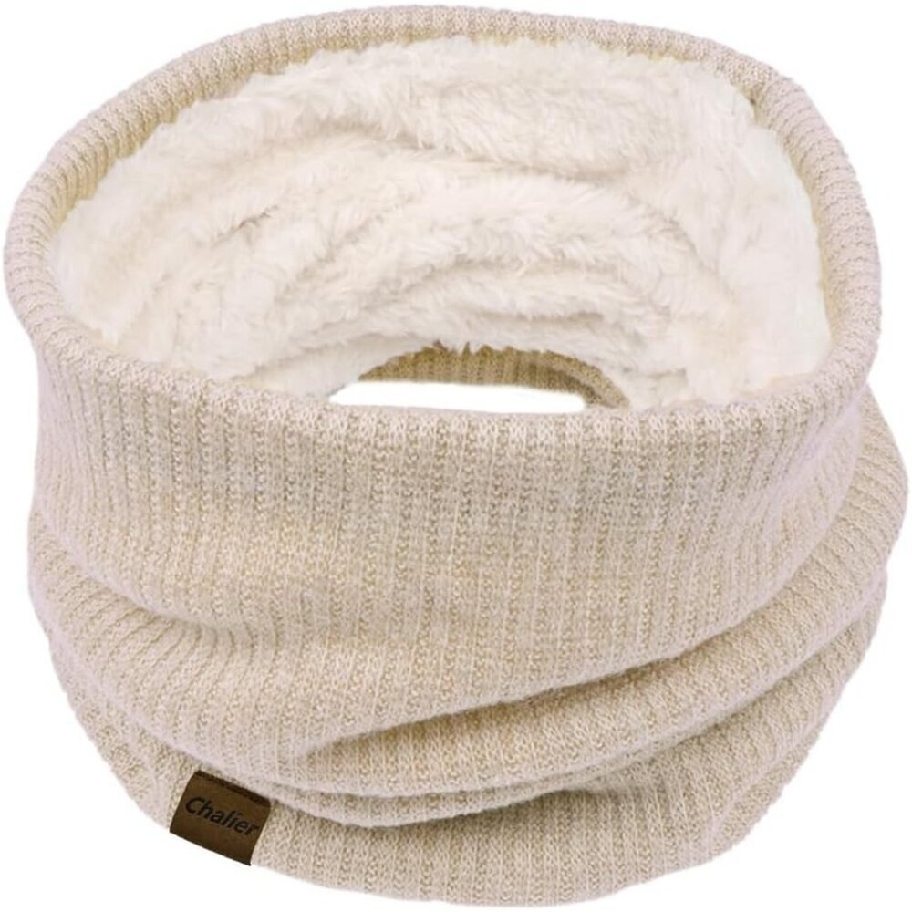 Women's Khaki Scarf Winter Double-Layer Neck Warmer Knit Fleece Lined Circle